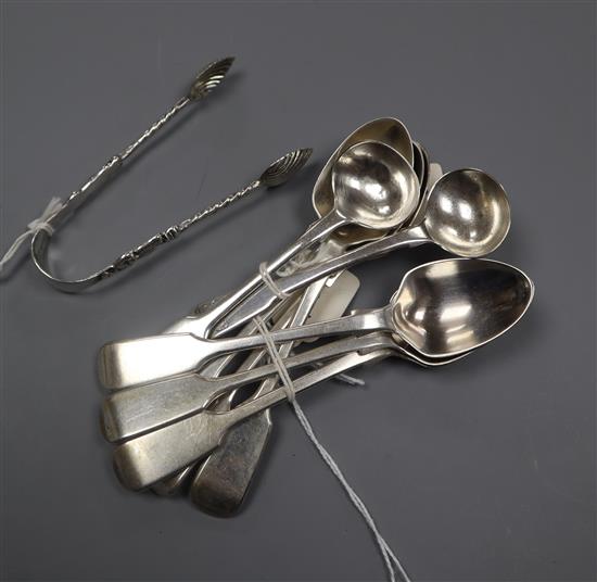 A set of six Victorian silver egg spoons, London, 1867, a pair of Edwardian tongs and two salt spoons.